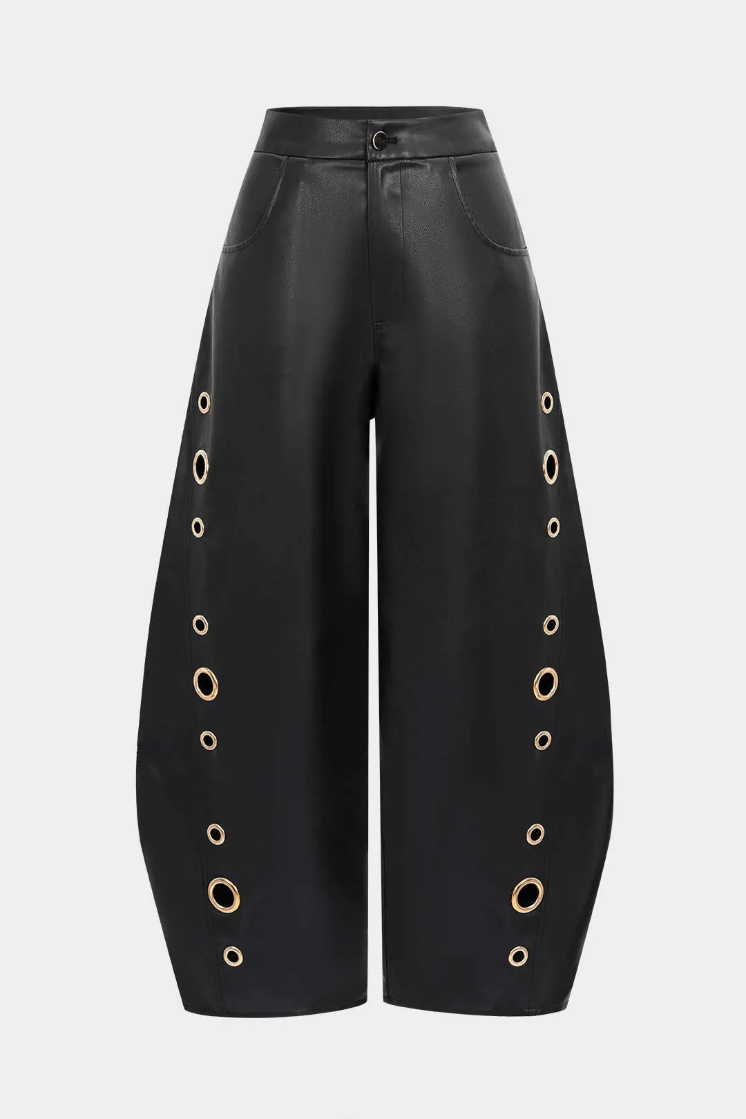 Faux Leather Metallic Zipper Hollow Out Ring Trousers sold by Micas