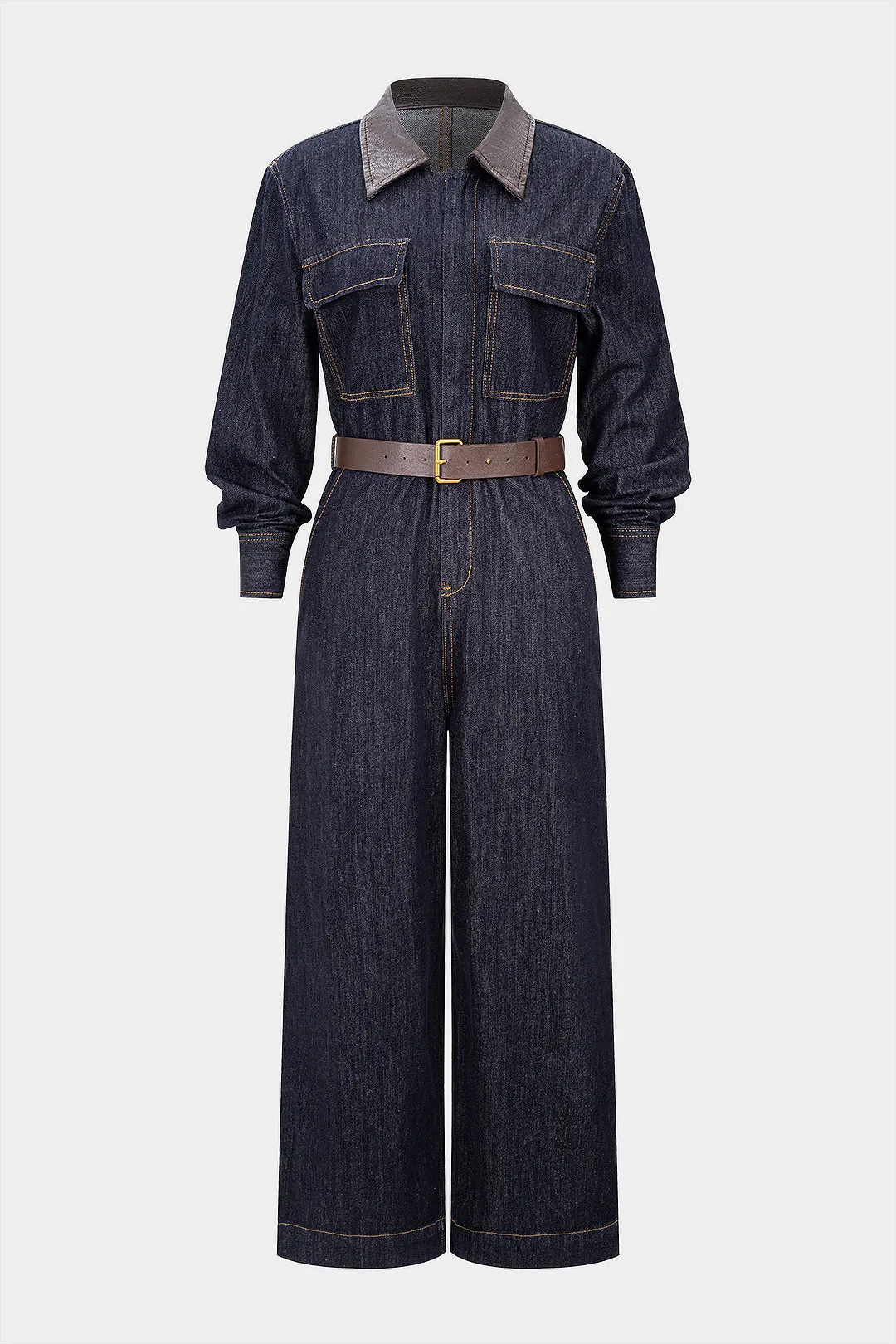 Denim Faux Leather Patchwork Belted Long-Sleeve Jumpsuit sold by Micas