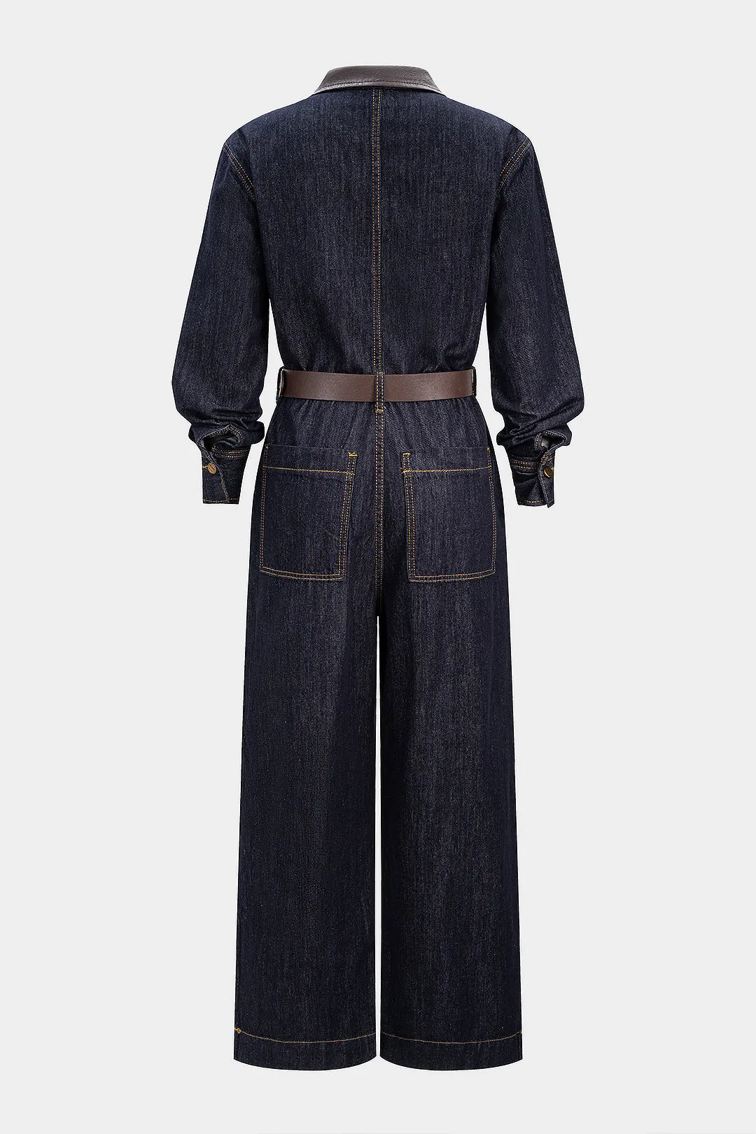 Denim Faux Leather Patchwork Belted Long-Sleeve Jumpsuit sold by Micas product image thumbnail 2