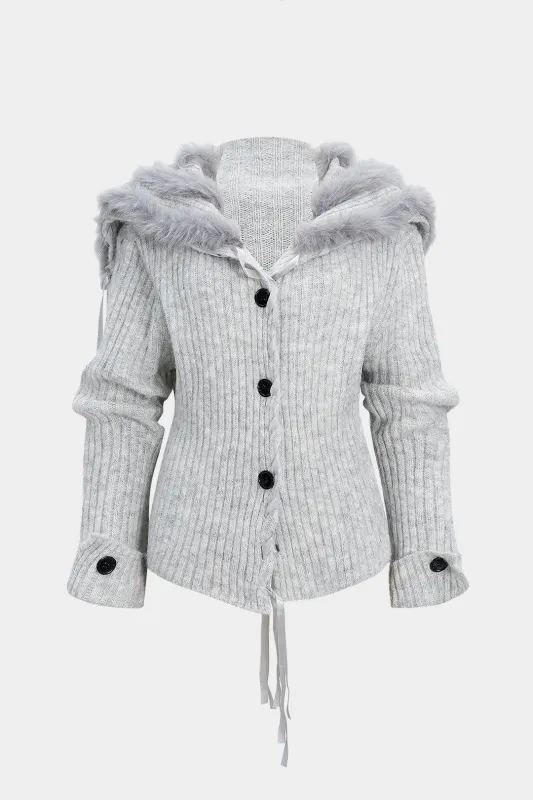 Knit Faux Fur Patchwork Button Tie-Up Cardigan sold by Micas
