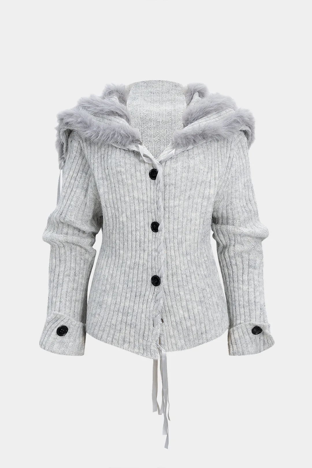 Knit Faux Fur Patchwork Button Tie-Up Cardigan sold by Micas