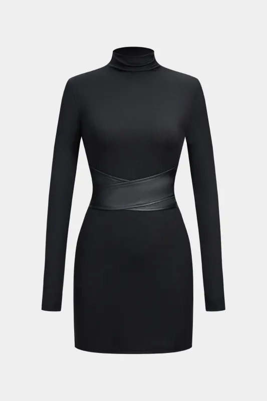 Mock Neck Crossed Waist-Cinching Long-Sleeve Mini Dress sold by Micas