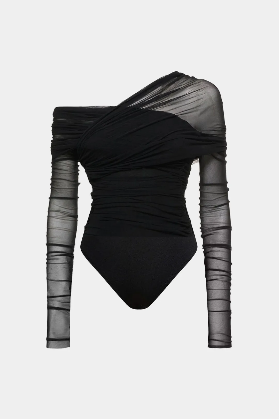 Mesh Ruched One Shoulder Asymmetrical Corssed Ruched Bodysuit sold by Micas product image thumbnail 2