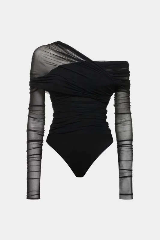 Mesh Ruched One Shoulder Asymmetrical Corssed Ruched Bodysuit sold by Micas