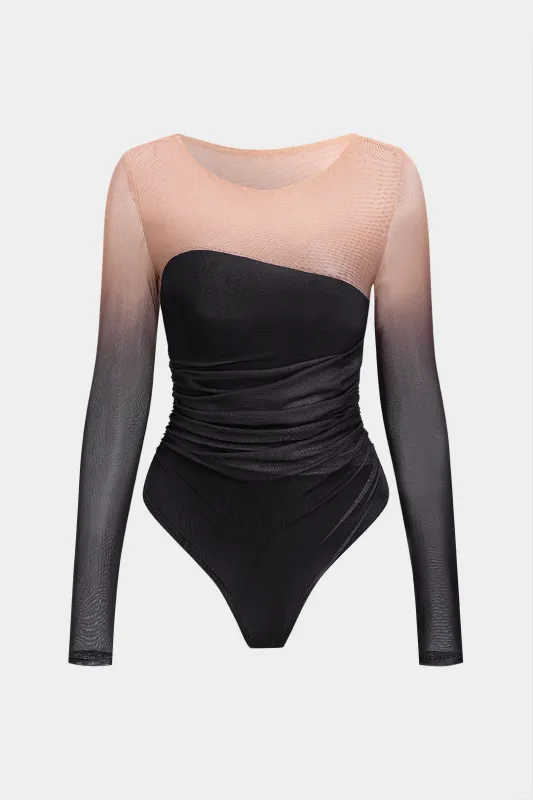 Gradient Print Mesh Round Neck Ruched Asymmetrical Long-Sleeve Bodysuit sold by Micas
