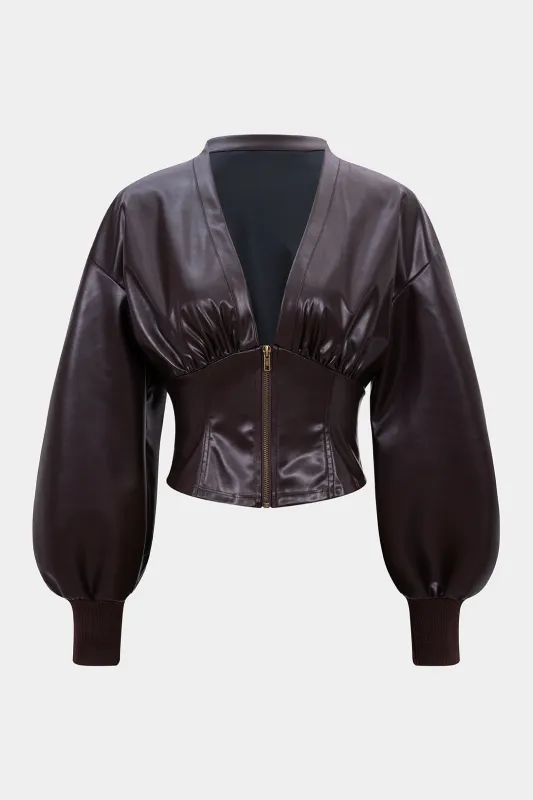 Faux Leather V-Neck Zipper Jacket sold by Micas