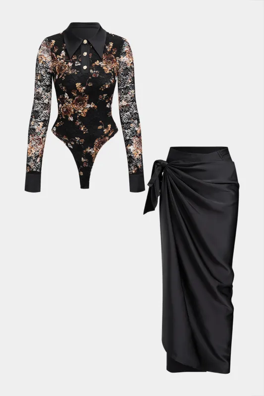 Floral Print Satin Lace Patchwork Button Bodysuit And Tie Up Ruched Skirt Set sold by Micas