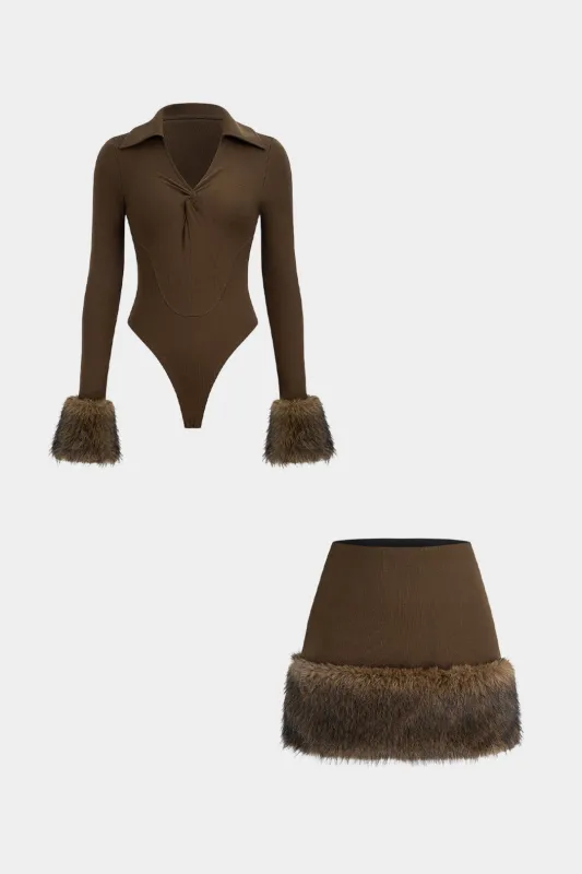 Faux Fur Patchwork V-Neck Twist Knot Bodysuit And Mini Skirt Set sold by Micas