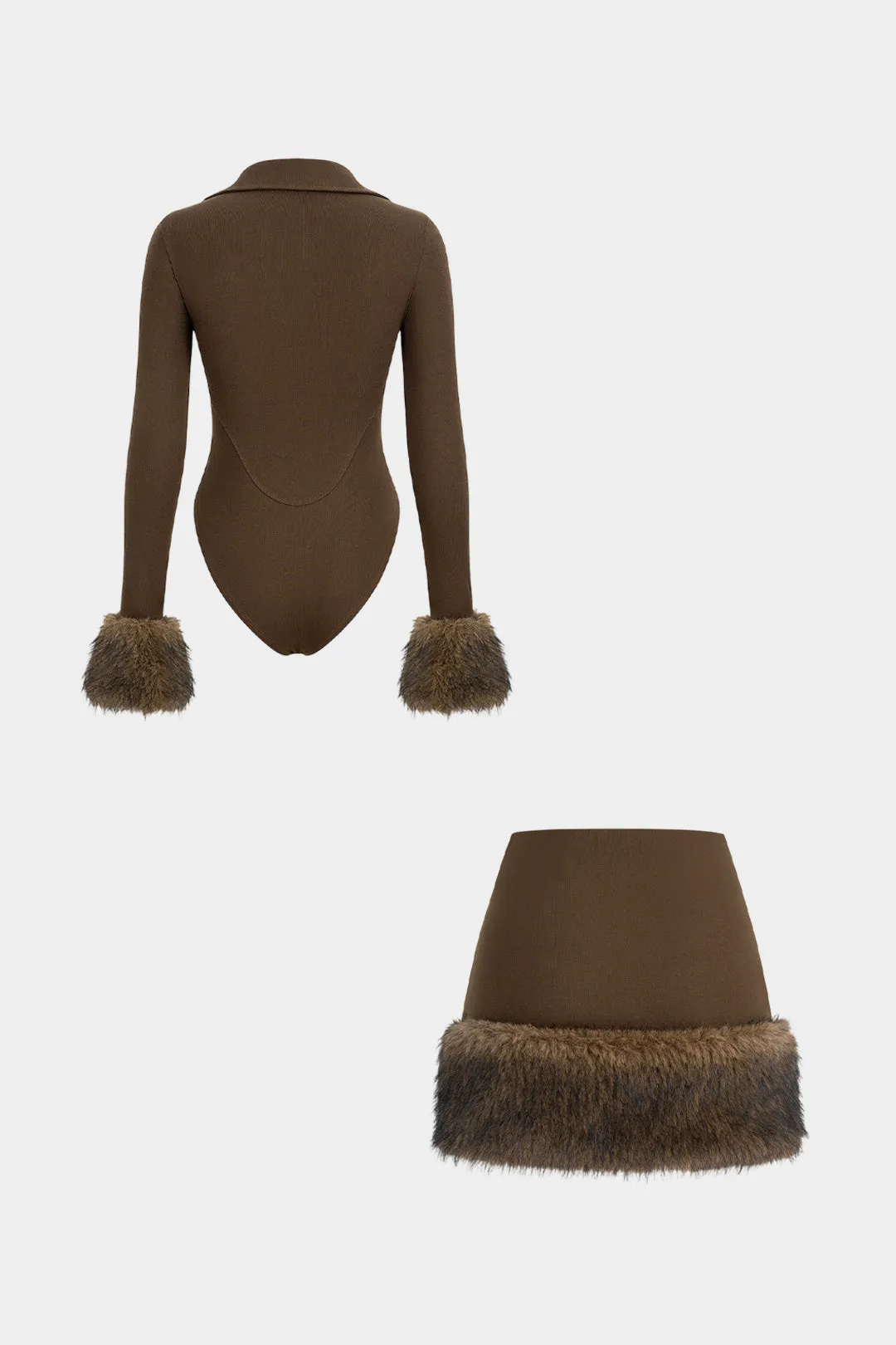 Faux Fur Patchwork V-Neck Twist Knot Bodysuit And Mini Skirt Set sold by Micas product image thumbnail 2