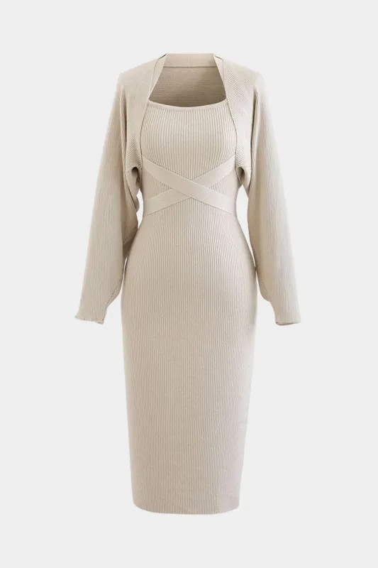 Knit Long-Sleeve Cardigan And Halter Ribbed Crossed Tie Back Set sold by Micas