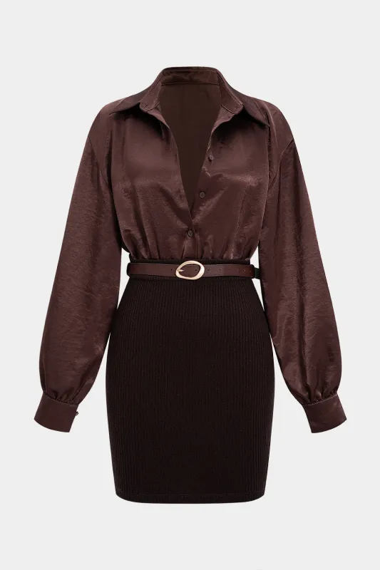 Satin Patchwork Belted Long-Sleeve Mini Dress sold by Micas