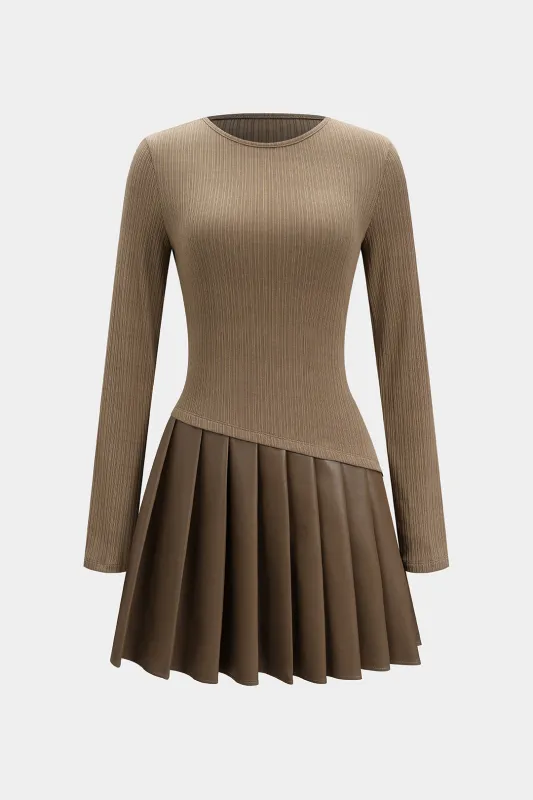 Faux Leather Patchwork Pleated Long Sleeve Mini Dress sold by Micas