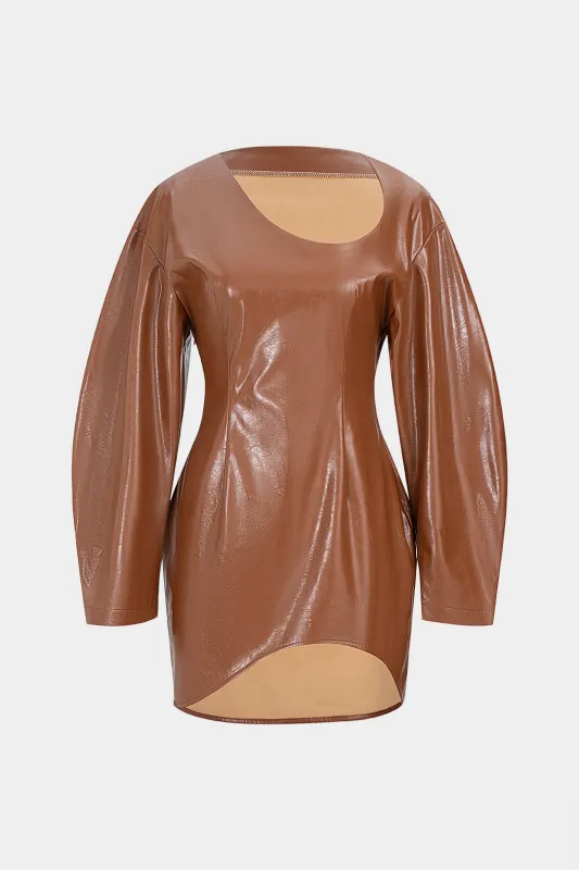 Faux Leather Asymmetrical Long-Sleeve Mini Dress sold by Micas