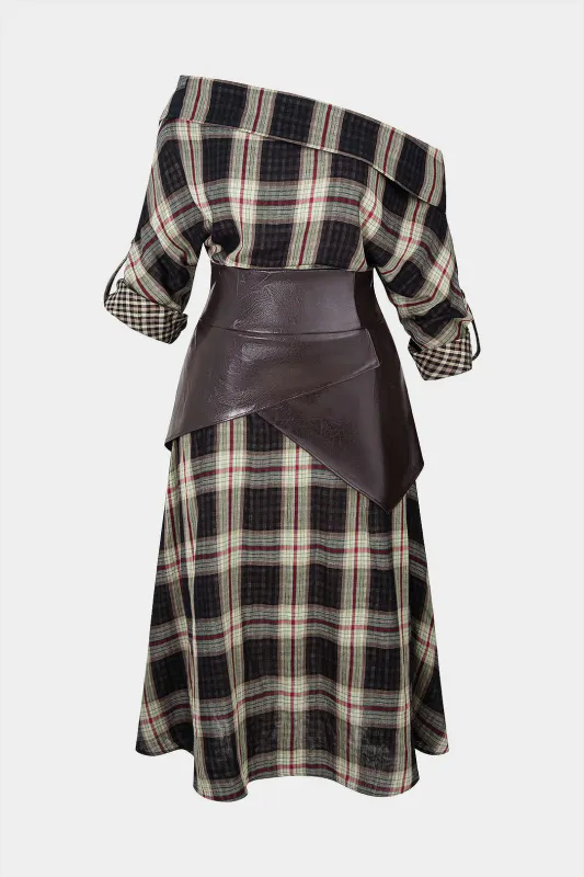 Plus Size Plaid Print Fuax Leather Patchwork One Shoulder Long-Sleeve Maxi Dress sold by Micas