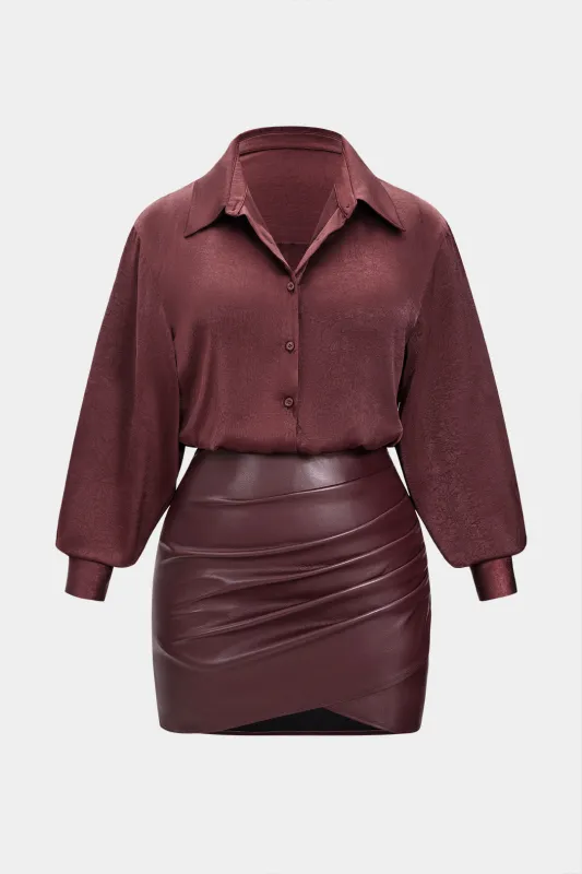 Plus Size Faux Leather Patchwork Pleated Long-Sleeve Mini Dress sold by Micas