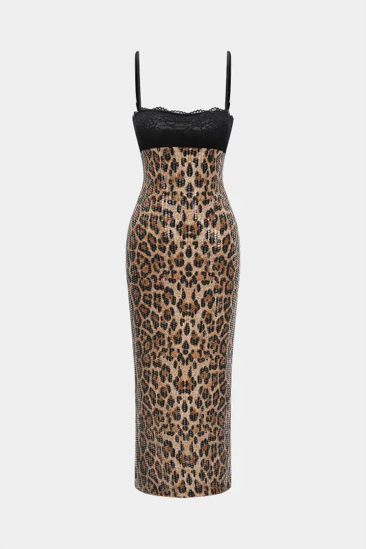 Leopard Print Lace Trim Sequin Slip Sleeveless Maxi Dress sold by Micas