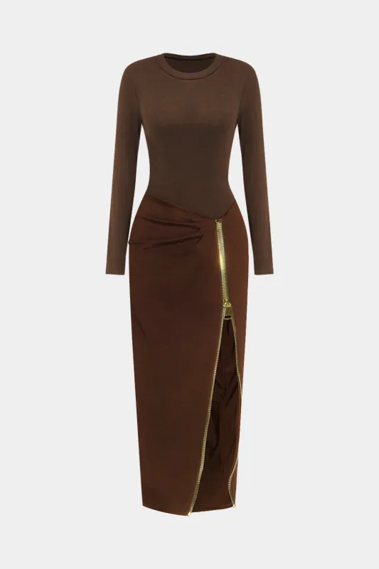 Round Neck Zipper Patchwork Long Sleeve Midi Dress sold by Micas