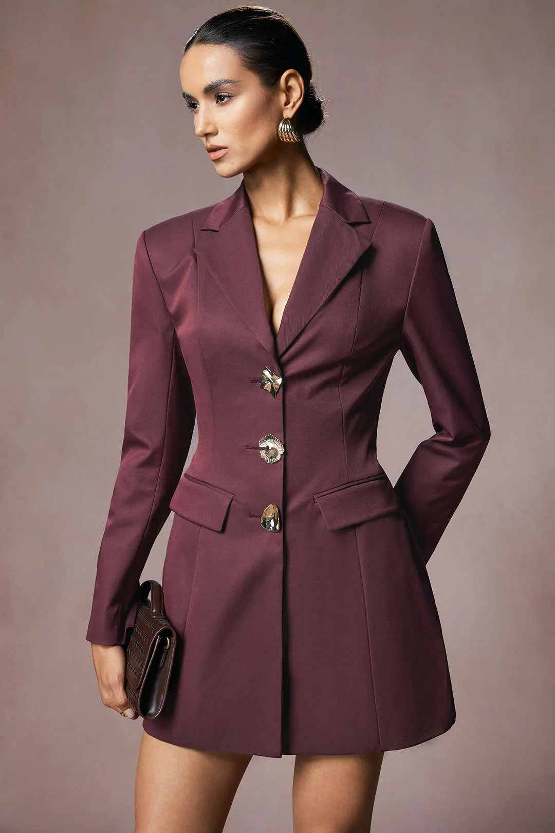 Notched Lapel Irregular Button Long-Sleeve Mini Dress sold by Micas