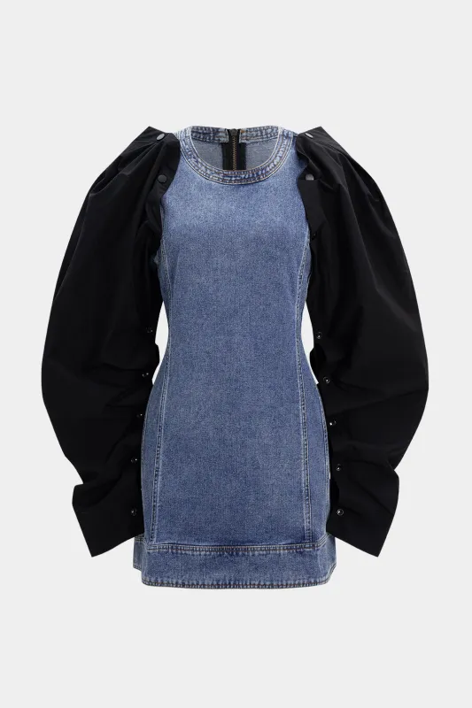 Denim Patchwork Round Neck Button Zipper Long-Sleeve Mini Dress sold by Micas