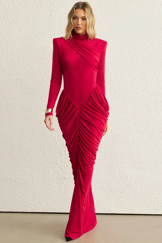 Mock Neck Shoulder Pads Crossed Ruched Backless Long-Sleeve Maxi Dress made by Micas