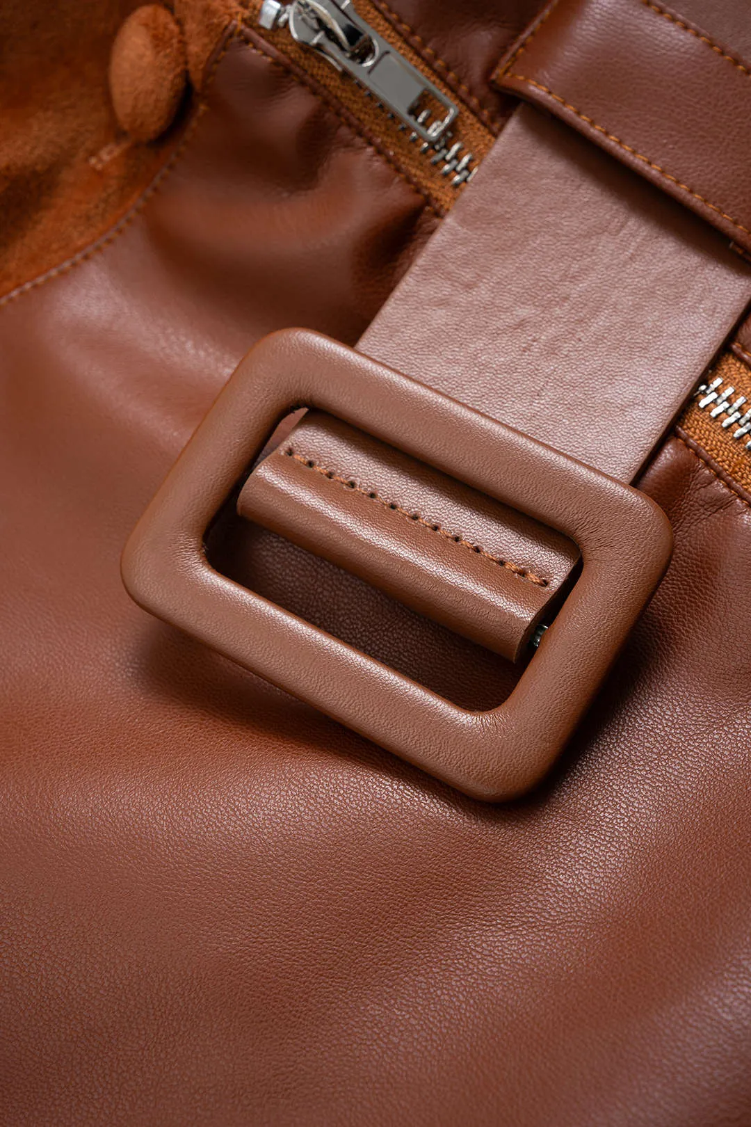 Suede Faux Leather Patchwork Notched Lapel Belted Zipper Blazer sold by Micas product image thumbnail 3