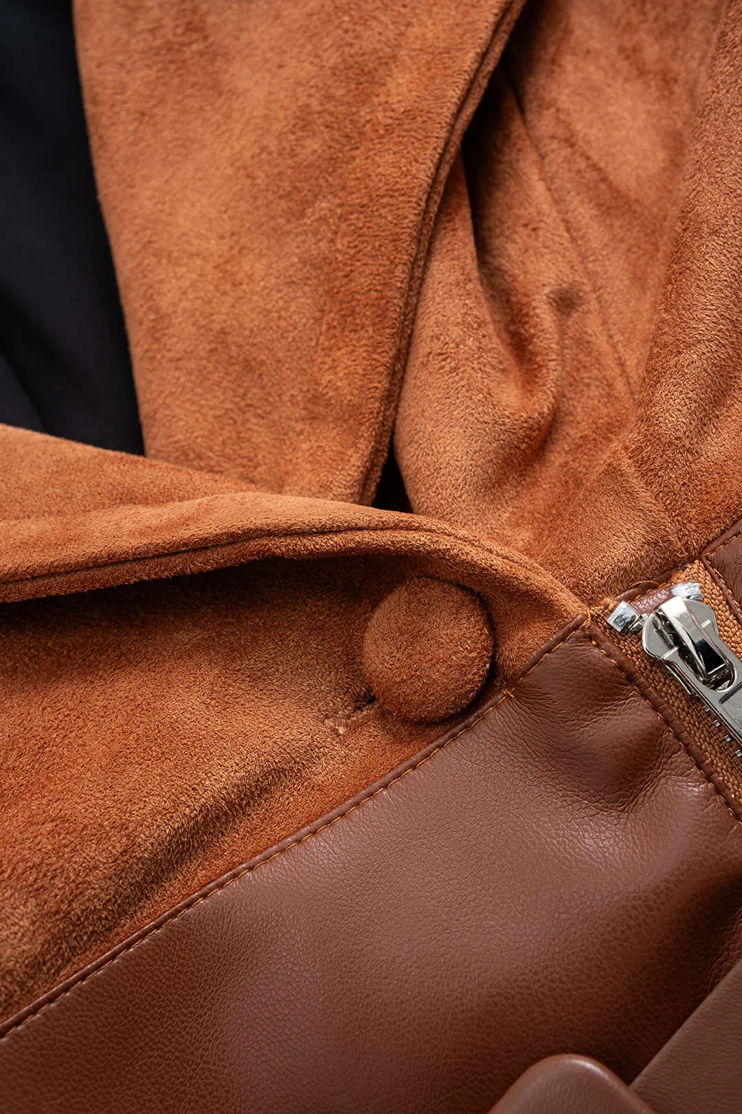 Suede Faux Leather Patchwork Notched Lapel Belted Zipper Blazer sold by Micas product image thumbnail 4