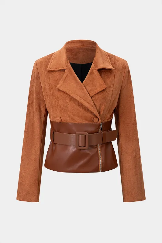 Suede Faux Leather Patchwork Notched Lapel Belted Zipper Blazer sold by Micas