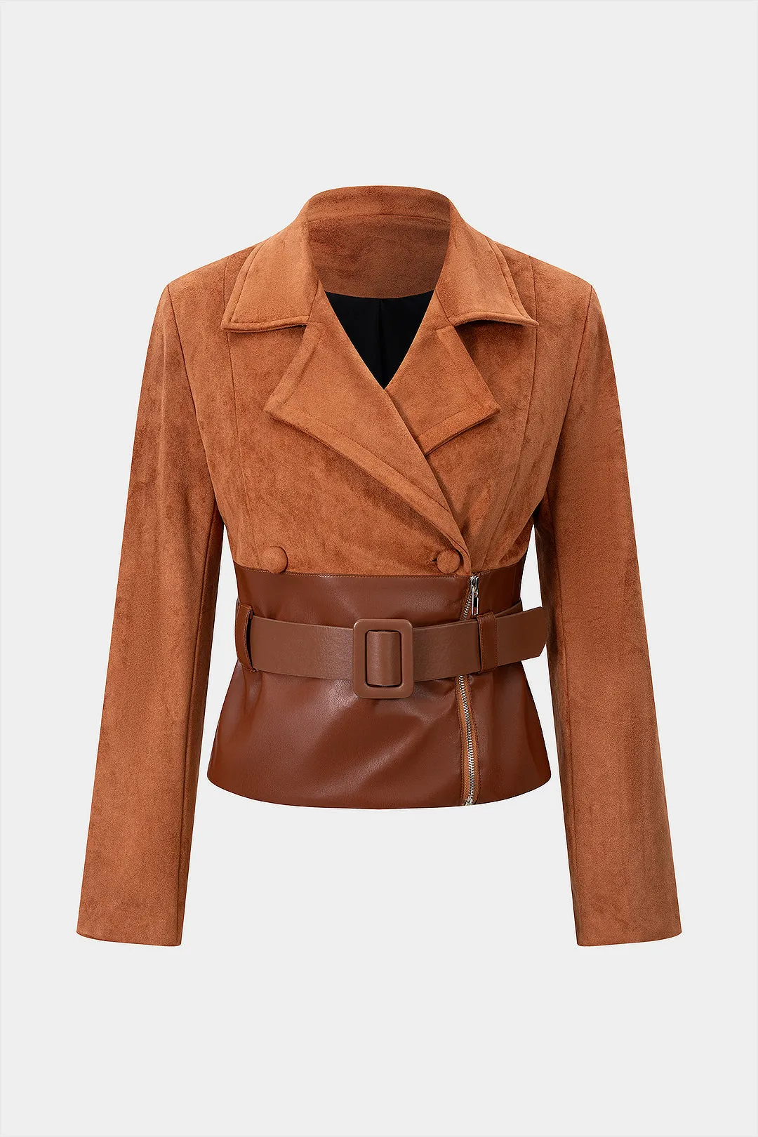 Suede Faux Leather Patchwork Notched Lapel Belted Zipper Blazer sold by Micas