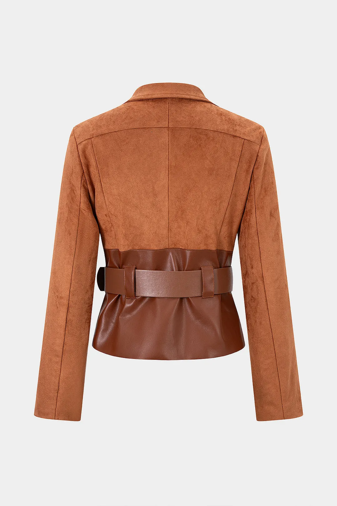Suede Faux Leather Patchwork Notched Lapel Belted Zipper Blazer sold by Micas product image thumbnail 2
