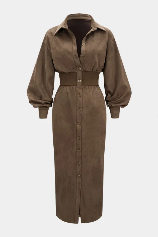 Suede Patchwork Waist-Cinching Button Ruched Long-Sleeve Maxi Dress sold by Micas