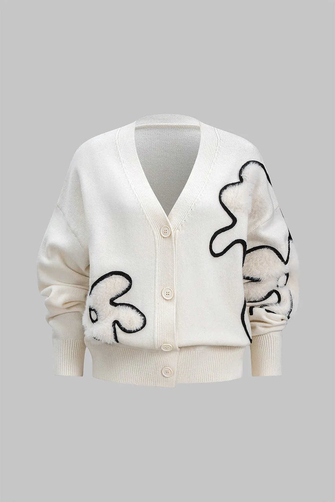 Knit Contrast Flower Applique V-Neck Button Cardigan sold by Micas