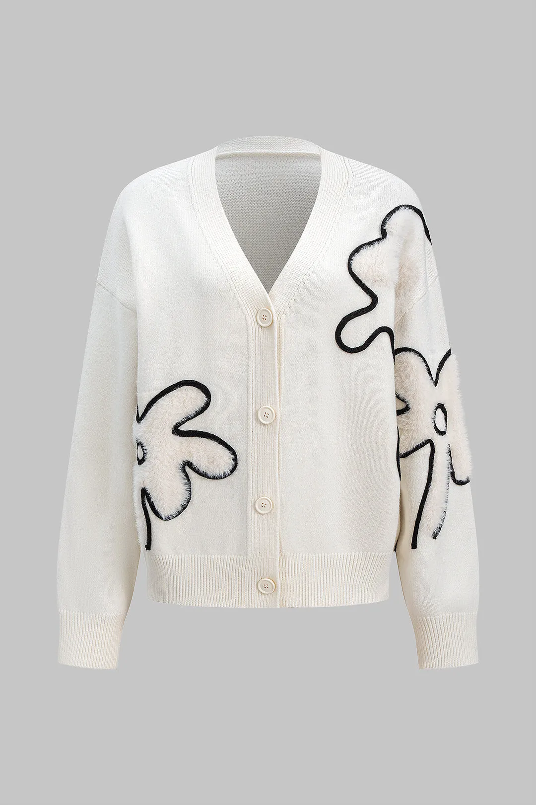 Knit Contrast Flower Applique V-Neck Button Cardigan sold by Micas product image thumbnail 2