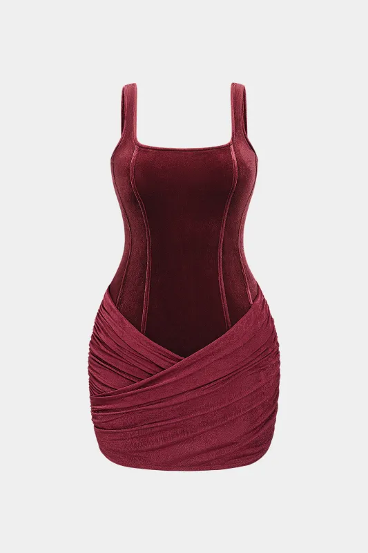 Plus Size Velvet Square Neck Ruched Sleeveless Mini Dress sold by Micas