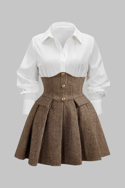 Houndstooth Print Patchwork Pleated High Waist Long-Sleeve Mini Dress sold by Micas