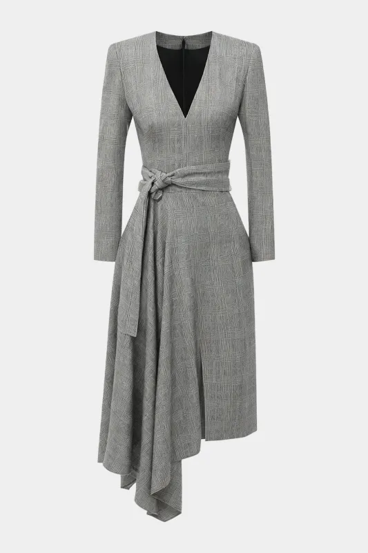 Plaid Print V-Neck Knot Ruched Asymmetrical Hem Long-Sleeve Midi Dress sold by Micas