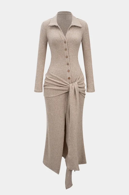 Tie Front Asymmetrical Button Slit Long-Sleeve Maxi Dress sold by Micas