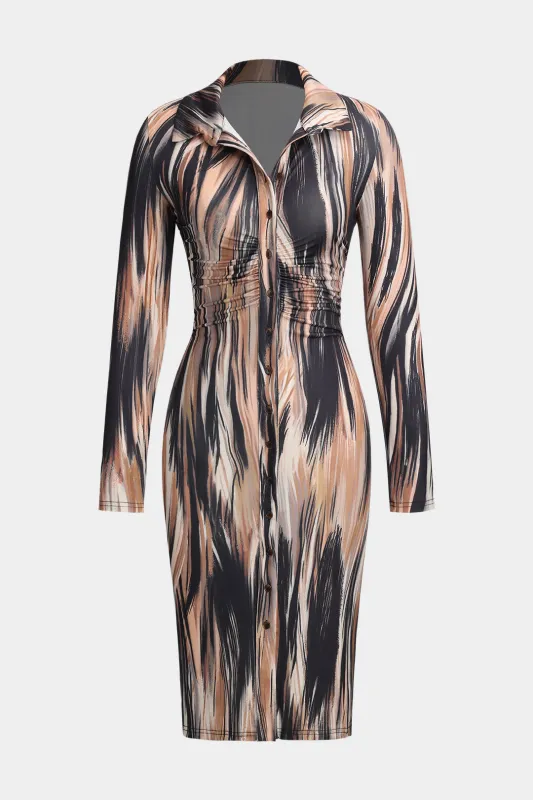 Abstract Contrast Print Button Ruched Long-Sleeve Midi Dress sold by Micas