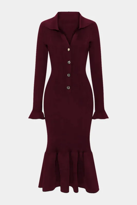 Lapel Ruffel Hem Long-Sleeve Midi Dress sold by Micas