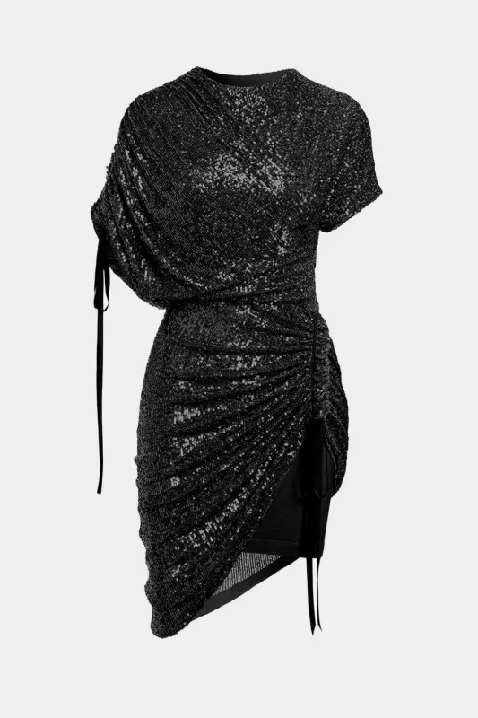 Sequin Drawstring Ruched Asymmetrical Short-Sleeve Mini Dress sold by Micas