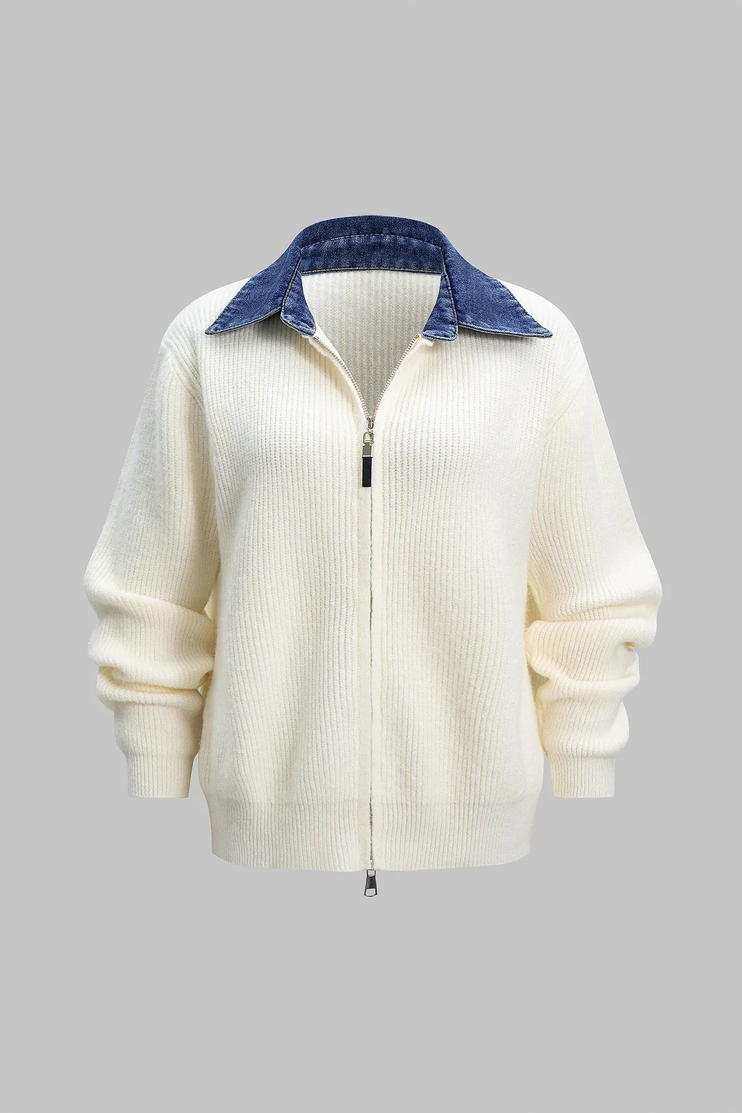 Knit Denim Patchwork Zipper Cardigan sold by Micas