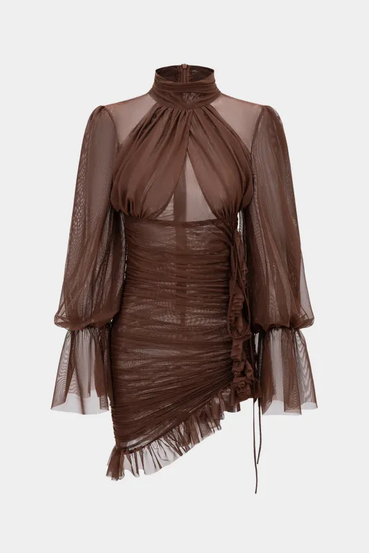 Mesh Mock Neck Drawstring Ruched Long-Sleeve Mini Dress sold by Micas