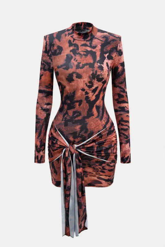 Leopard Print Mock Neck Knotted Long-Sleeve Mini Dress sold by Micas