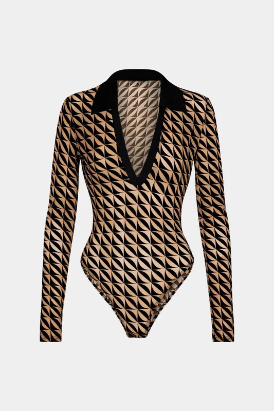 Geometric Print V-Neck Long Sleeve Bodysuit made by Micas