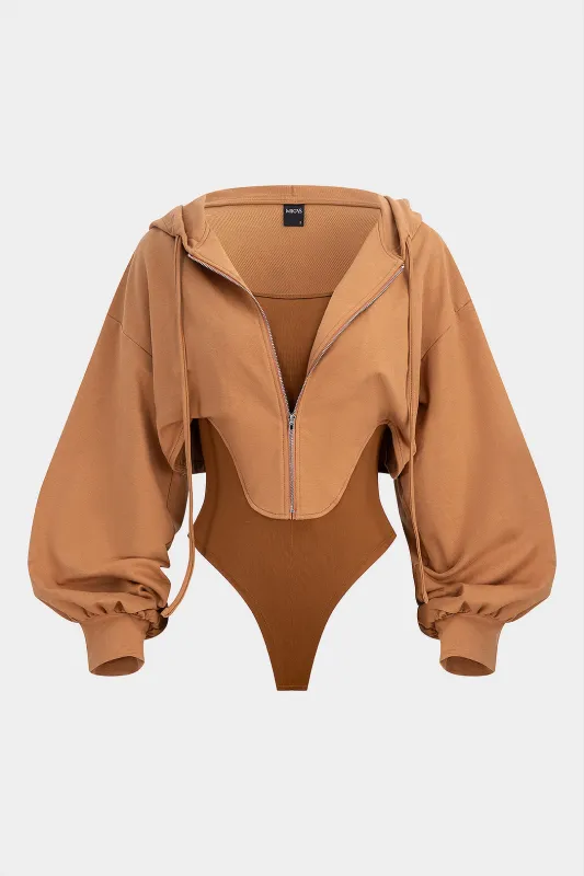 Contrast Hooded Zipper Drawstrings Long-Sleeve Bodysuit sold by Micas