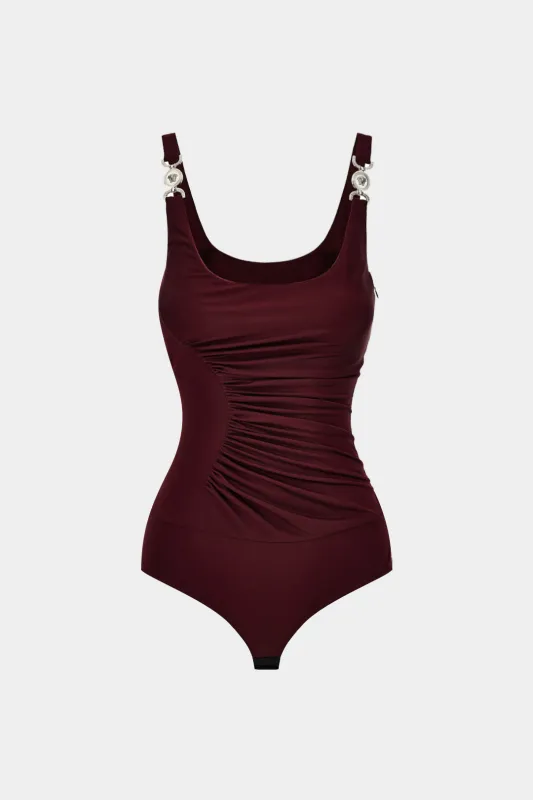 Metallic Decor Asymmetrical Ruched Slip Sleeveless Bodysuit sold by Micas