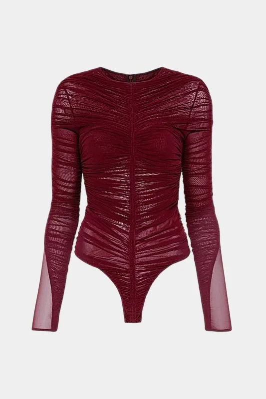 Mesh Round Neck Ruched Long-Sleeve Bodysuit sold by Micas