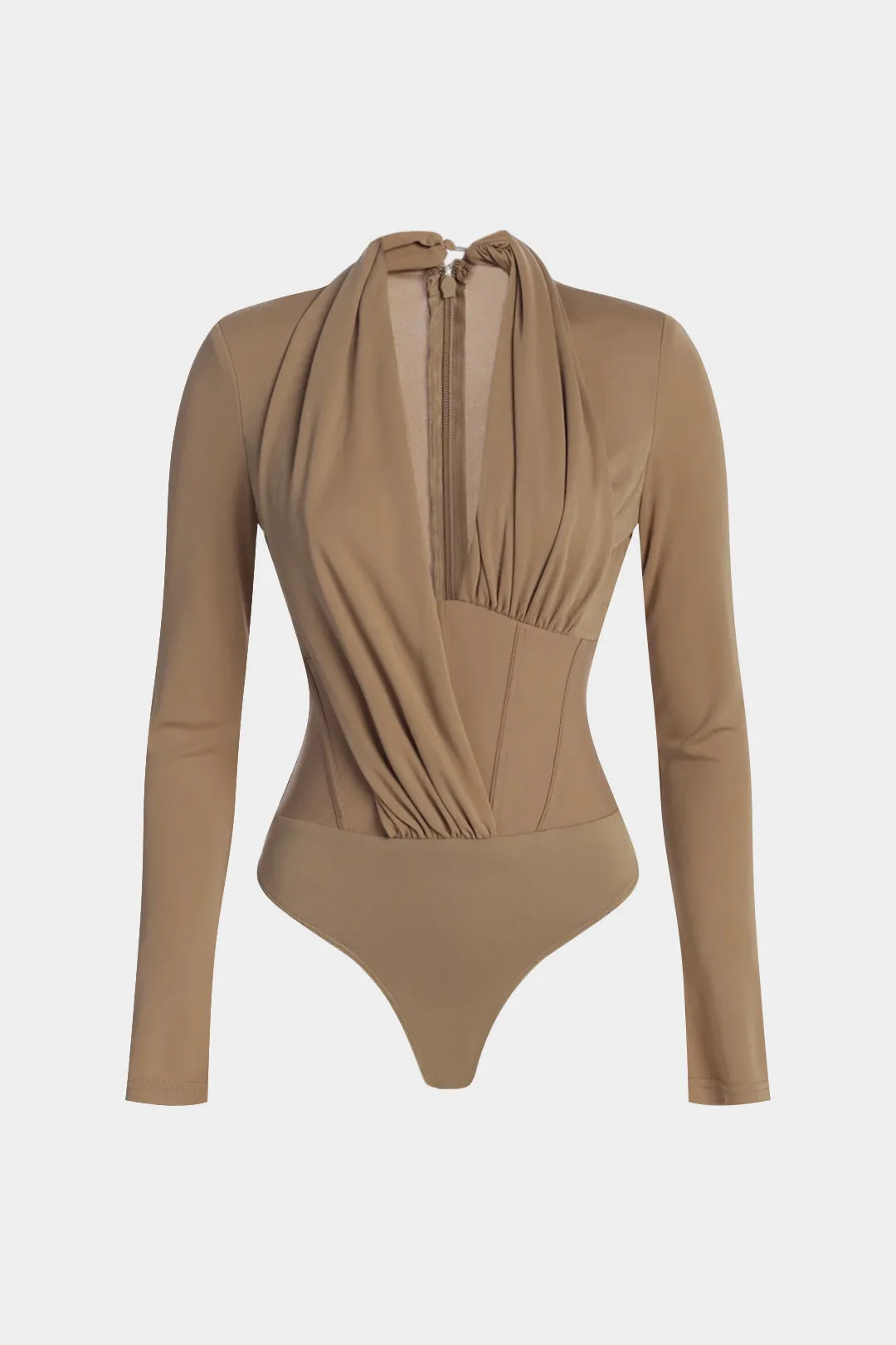 Asymmetrical Ruched Corset Zipper Long-Sleeve Bodysuit sold by Micas