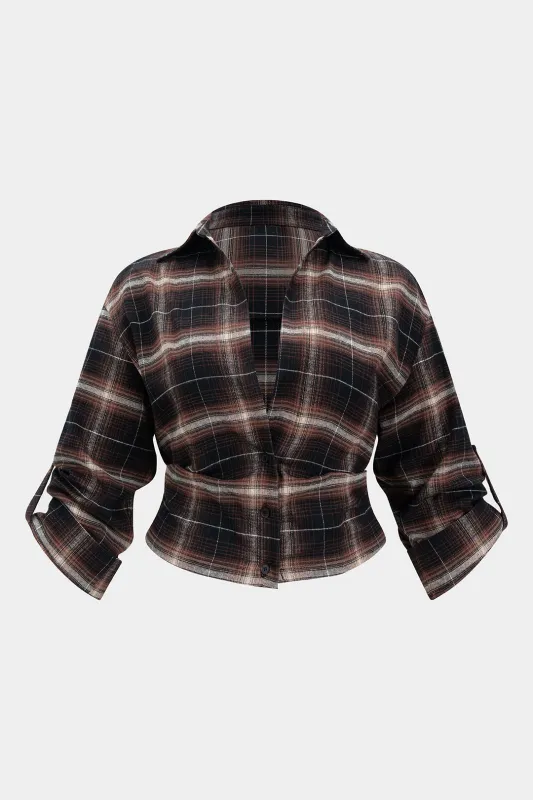 Plus Size Plaid Print Waist-Cinching Shirt sold by Micas
