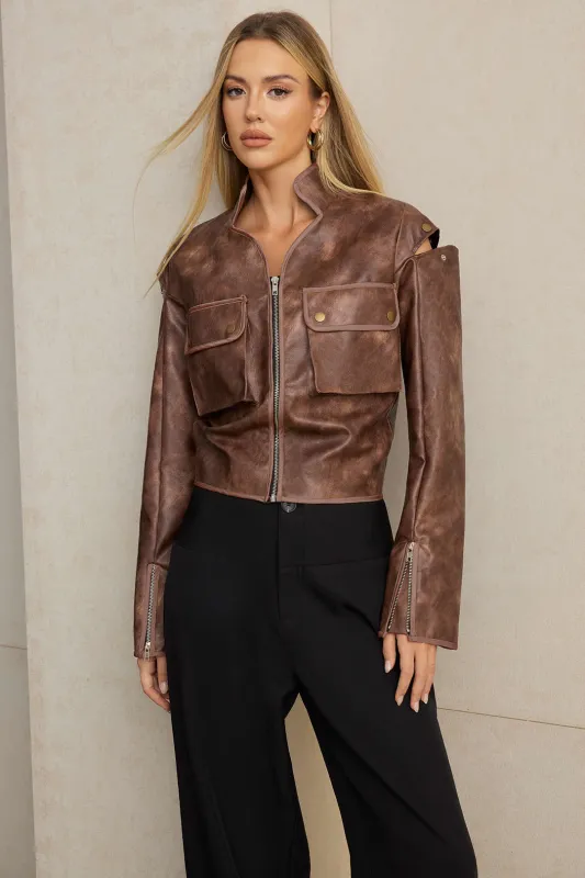 Faux Leather Pocket Zipper Jacket sold by Micas