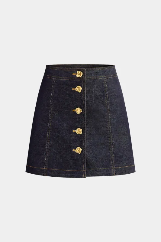 Denim Metallic Button Mini Skirt sold by Micas